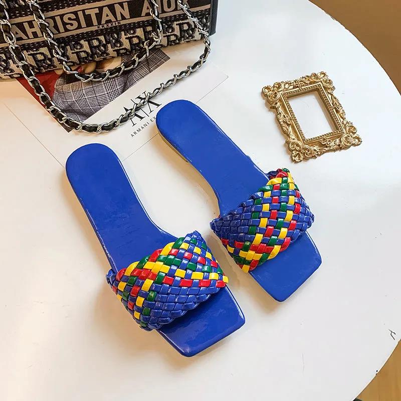 Handmade Braid Leather Chain Slippers Summer Beach Shoes White Sky Blue Shoes Flat Flipflops Women's Sandalias