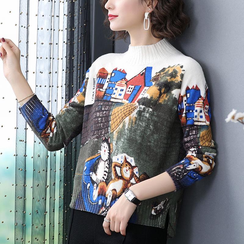 Autumn Winter Thick Printed High-neck Wool Sweater Women High-end Cashmere Sweater Pullover Knitted Sweater