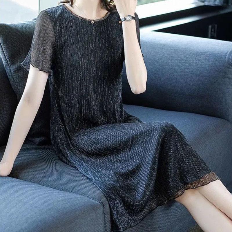 Summer Women Long Large Size Dresses Short Sleeves Solid Color Over-the-knee Long Skirts Casual Women's Pleated Skirts