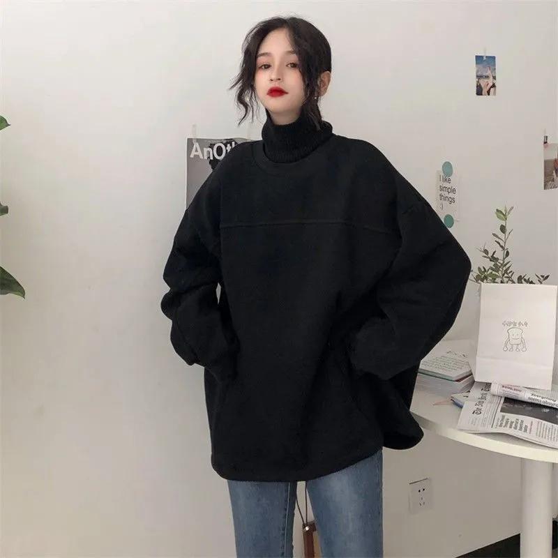 Winter Hoodies Turtleneck Pullover Sweatshirts Oversized Loose Casual Harajuku Tracksuit Fleece Warm Top Clothes Women Sport Shirts Knitted Collar