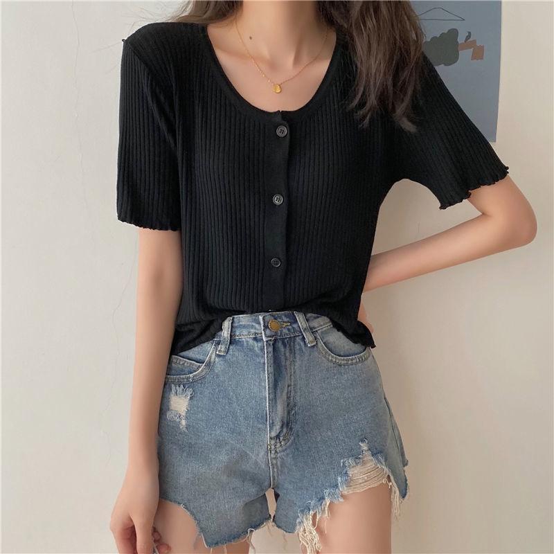 Summer and Autumn Knitted Tops Round Neck Short-sleeved Sweater Cardigan Loose Young Women's Jacket