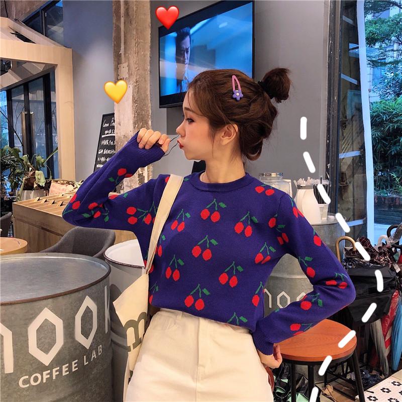 Pofulove Autumn and Winter Thick Cherry Long-sleeved Round Neck Sweater Loose Sweater Large Size