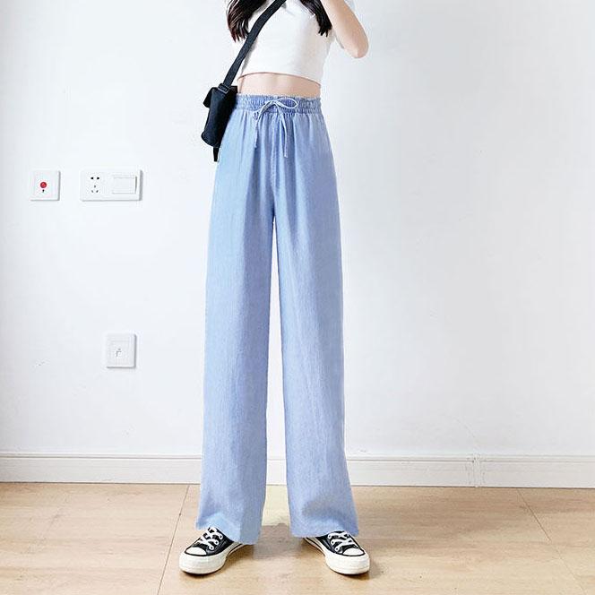 Women Summer Thin Solid Color Wide Leg Pants Female High Waist Straight Tube Denim Loose Ice Casual Pants