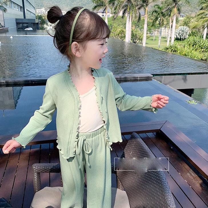 Girls' Suit Spring Clothes Children's Foreign Style Long Sleeve Cardigan Coat Baby Leisure Wide Leg Pants Two Piece Set