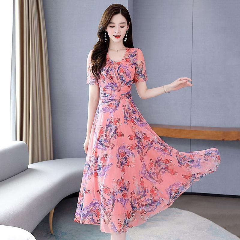 High-end Large Size Dress Ice Silk Fairy Skirt Sweet Floral Temperament Chiffon Summer Dress Waist Thin Fabric Light and Breathable
