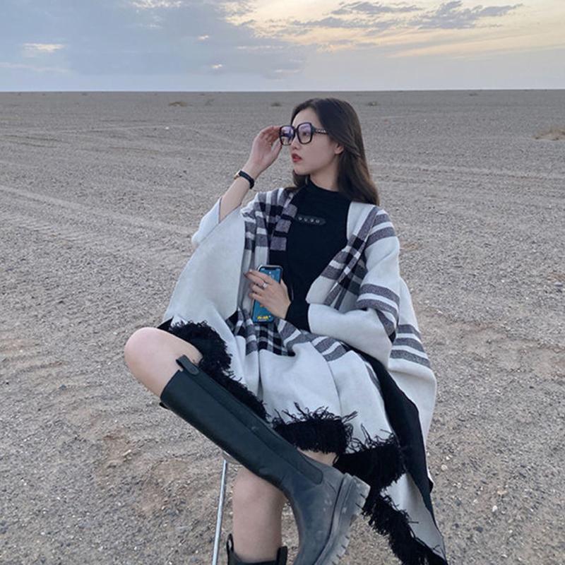 Loose Shawl Cloak Wear on Both Sides, Outer Cardigan Jacket Knitted Sweater Women's Temperament Shawl Cloak Sweater Plaid Cardigan