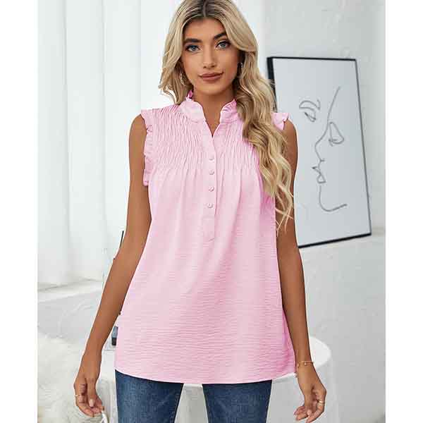 European and American Shirt Women's Sleeveless High Neck Button Frill Loose Casual Top