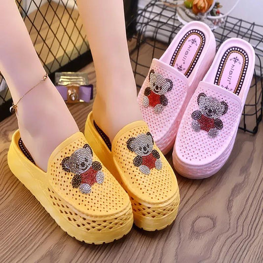 Hollow Slippers Female Summer Wear Hollow Sponge Cake Thick Bottom Net Red No Heel Casual Lazy Half Slippers Light and Comfortable