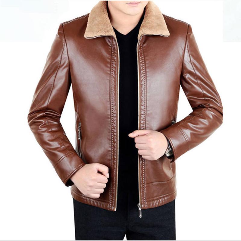 Slim Men's Leather Jacket Autumn Winter Fashion Trend Plus Velvet Thick Lamb Wool Jacket