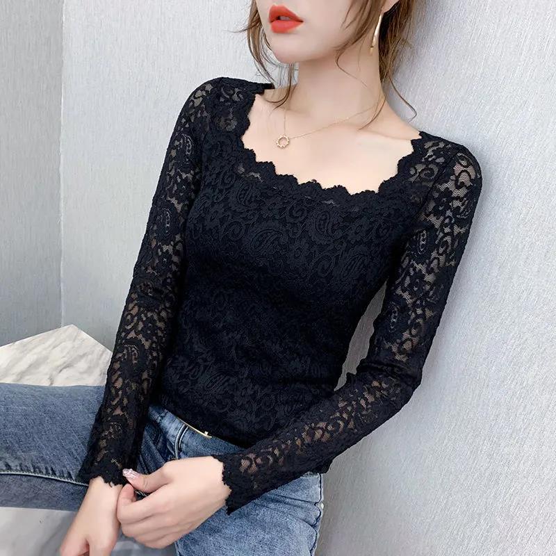 Women's Spring and Autumn Long Sleeve Lace Bottoming Shirt Square Collar Slim Top