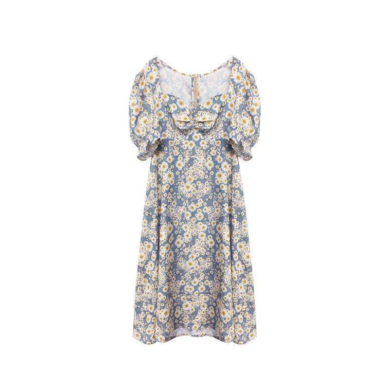 Large Size Female Daisy Oil Painting Floral Dress Puff Sleeves Waist Slimming Split Dress Mid-length Floral Dress French Retro Style