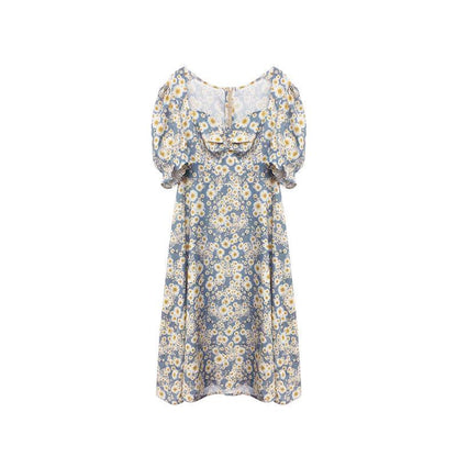 Large Size Female Daisy Oil Painting Floral Dress Puff Sleeves Waist Slimming Split Dress Mid-length Floral Dress French Retro Style