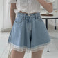 Sweet Denim Shorts for Women Wide Leg Cute Short Pants Summer High Waist Lace Edge Pants A-line Loose Jeans Pants High Waist Shorts Y2k Short Bottoms