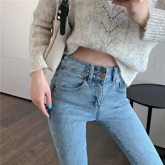Double Button Women's High Waist Jeans Pencil Pants Korean Style Elastic Thin and High Pencil Pants Ladies Leggings