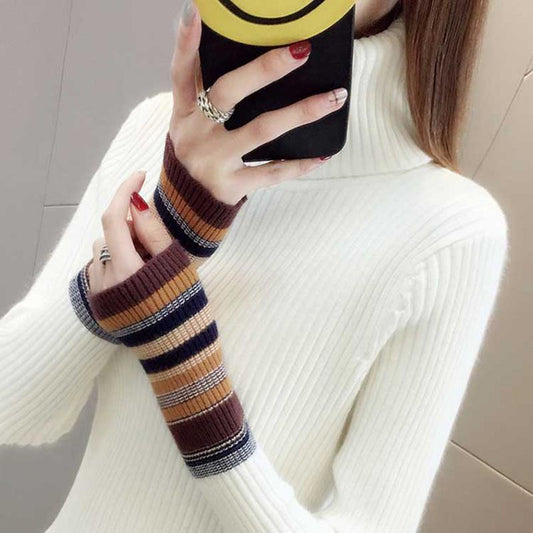 Autumn and Winter Turtleneck Sweater Long-sleeved Slim Knit Sweater Striped Pullover Bottoming Shirt Fashionable Sweater