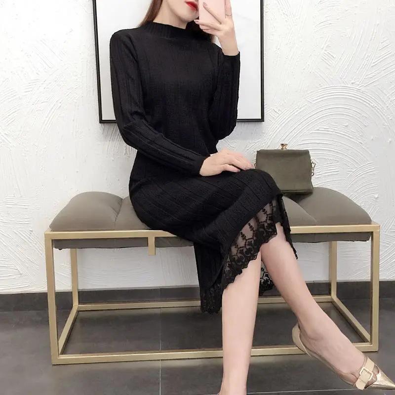Women's 2 Pieces Winter Dress Set Korean Style Solid Knitted Sweater Mid-high Collar Slim Fit Top Sweater Mid-length Dress Knitwear Lace Edge