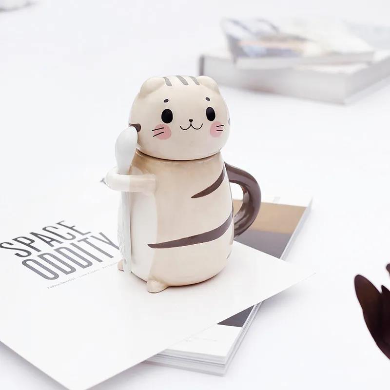 New Cute Cat Ceramics Coffee Mug with Spoon Creative Hand Painted Drinkware Milk Tea Cups Novelty Gifts