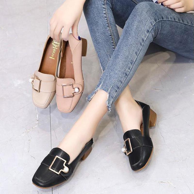 Leather Shoes Retro Square Toe Mid-heel Thick Heel Single Shoes Wild British Style Loafers Women's Mid-heel Comfortable Leather Shoes