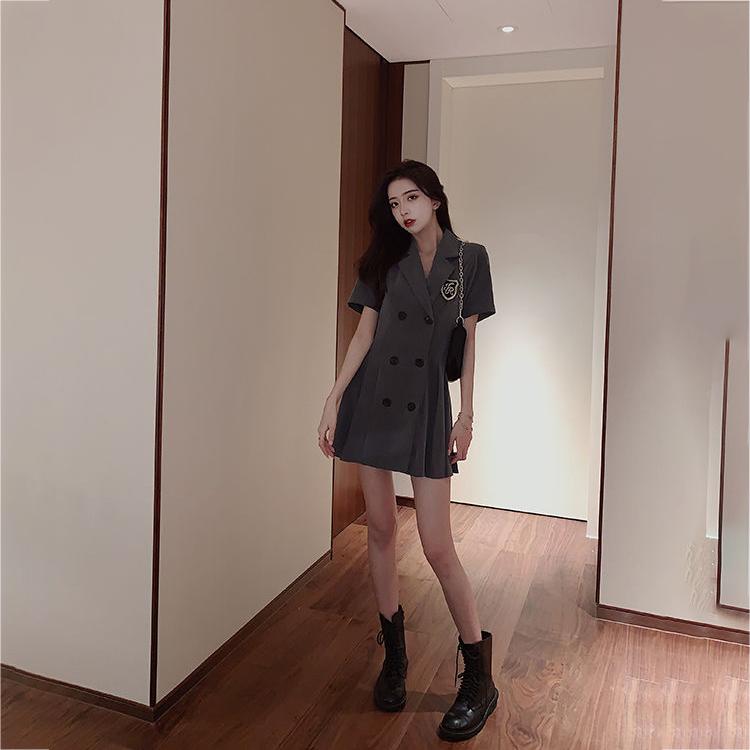 Women's Summer Dress Girls Short Sleeve Turn-down Collar Solid Color Knee-length Daily Wear Office Dating Party