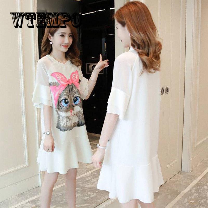Women's Summer Boho Cute Cat Printed Short Sweet Cotton Linen Mori Girl Dress