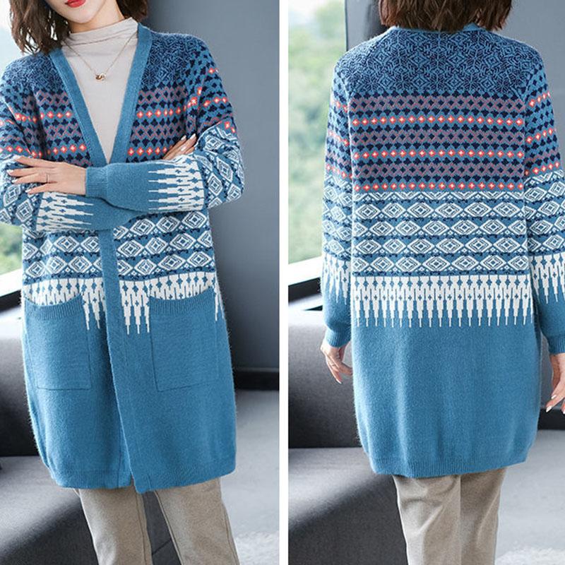 Spring and Autumn Knitted Cardigan Sweater Mid-length Loose Casual Sweater Fashion Jacquard Female Jacket