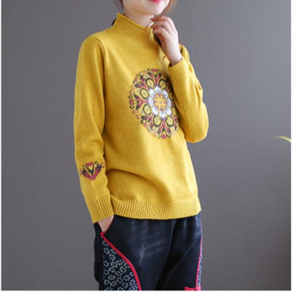 National Style Vintage Pullover Sweater Women Autumn Winter High-neck Plus Size Inner Base Sweater Loose Knitwear