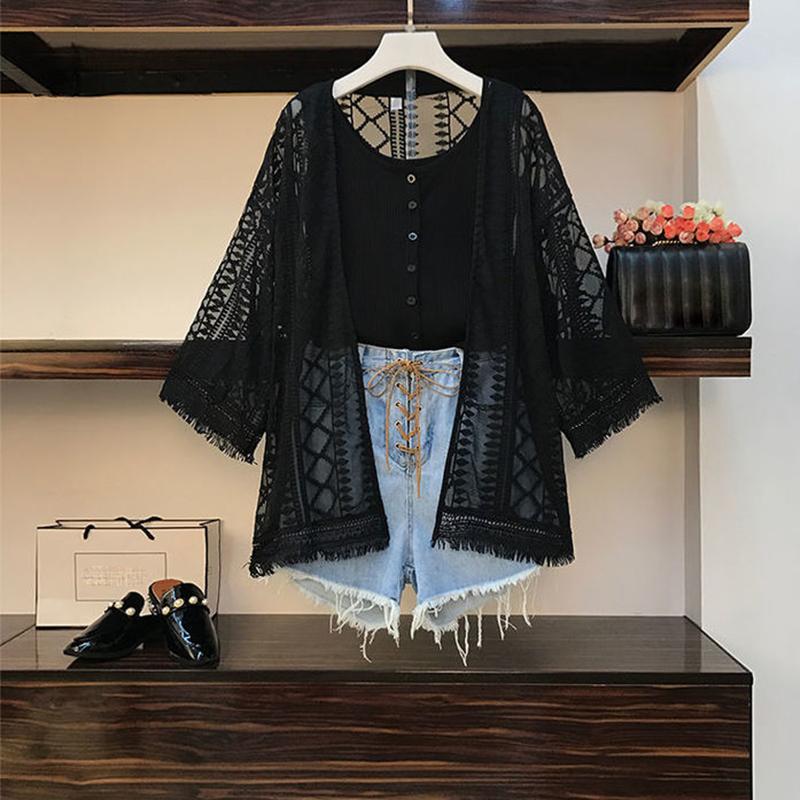 Fashion  Plus Size 2 Piece Set Women Summer Hollow Lace Shirt Tops Vest Denim Shorts Three-piece Set