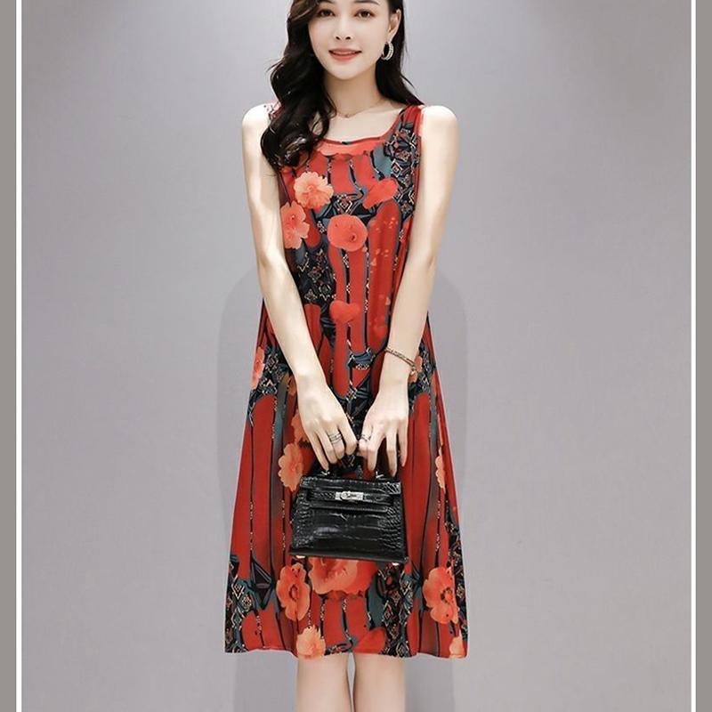Summer Ethnic Print Dress Round Neck Mom Loose Slim Mid-length Vest Skirt Daily