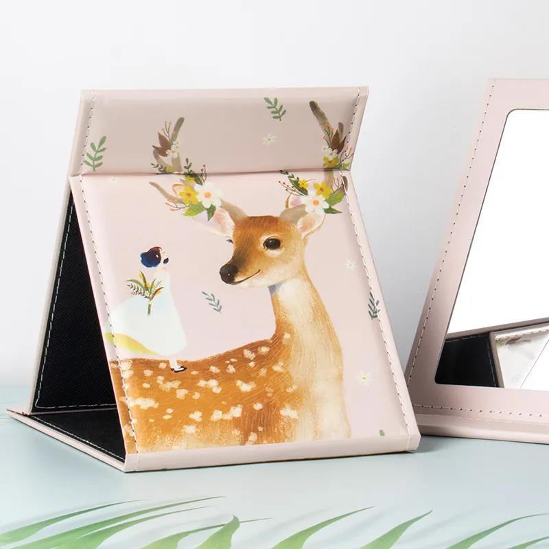 Portable  Soft PU Leather Animal Pattern Foldable Desktop Makeup Mirror HD Gift Mirror