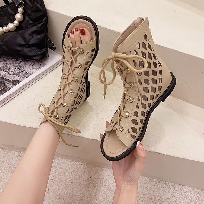 Bohemian Style Sandals Summer Cross Straps Hollowed Out Retro Vacation Roman Flat Sandals Women