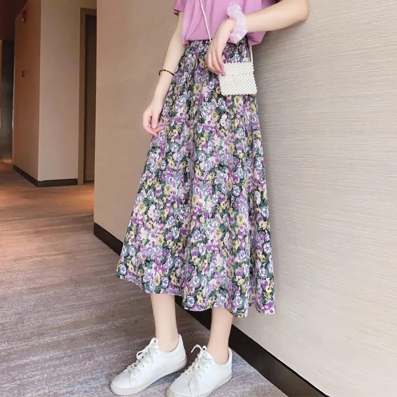 Floral Skirt Women Chiffon High Waist Long Skirt A-line Skirt Mid-length Floral Skirt Elastic Waistline Ladies Skirt Fabric Light and Breathable