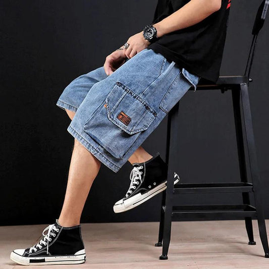 Denim Shorts Men's Summer Loose Large Size Five Pants Trend Casual Elastic Waist Multi-pocket Workwear Pants Men