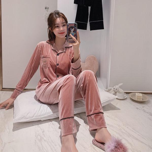 Women Pajamas Suit Winter Sleepwear Set Coral Velvet Thick Sleepshirt Homewear Long Sleeve Top and Pants Sets Turn-down Collar M-XXL