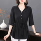 Short-sleeved Chiffon Shirt Women's Mid-sleeve Summer Loose Belly Cover Waist Top Solid Color V-neck Large Size Mid-length Thin Blouses Drawstring Top
