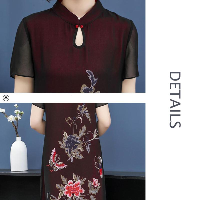 XXL-XXXXXL Plus Size Chinese Style Cheongsam Summer Chiffon Dress Knee-length Printed Over-the-knee Skirt
