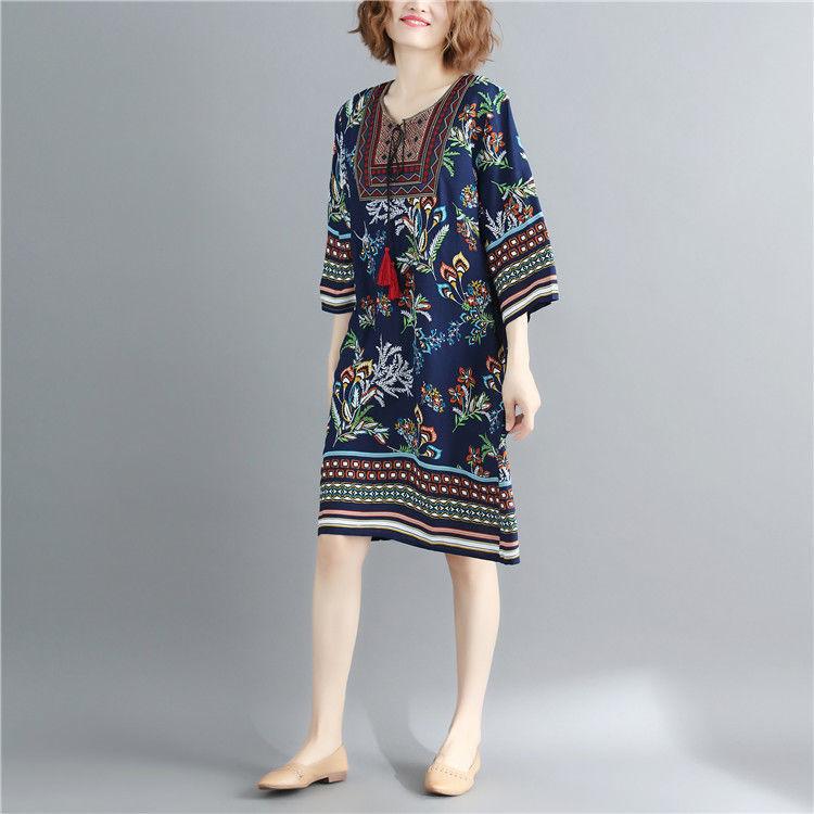 Printing  M-XXXL Printed Round Neck Dress Women Loose Plus Size Summer Polyester Short-sleeved Knee-length A-line Dress
