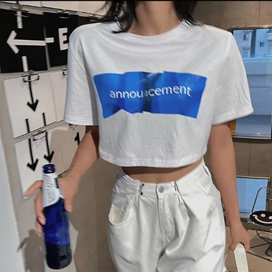 Cotton Summer Thin Section Cotton Solid Color Short-sleeved T-shirt Women's Korean Version Loose Short High-waisted Top Trendy