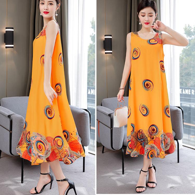 Large Size XL-XXXXXL Women Summer Cotton Silk Dress Sleeveless Vest Skirt Loose Printing Home Night Skirt Beach Skirt