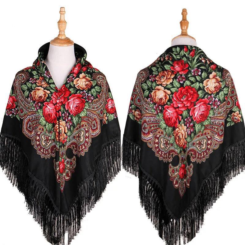 Women's Ethnic Style Square Scarf Printed Shawl Fringed Cotton Scarf Autumn Winter Warm Embroidered Shawl Multifunctional Turban Shawl Scarf 135x135cm