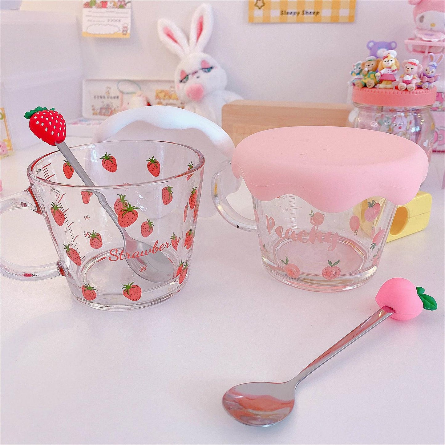 Cute Strawberry Peach Holding Cup Glass Bowl Breakfast Cereal Student Girl Milk Coffee Oatmeal Heat Resistant Kawaii Mug