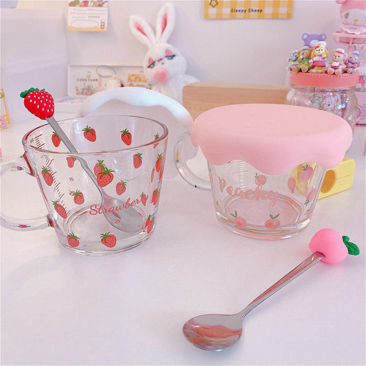 Cute Strawberry Peach Holding Cup Glass Bowl Breakfast Cereal Student Girl Milk Coffee Oatmeal Heat Resistant Kawaii Mug