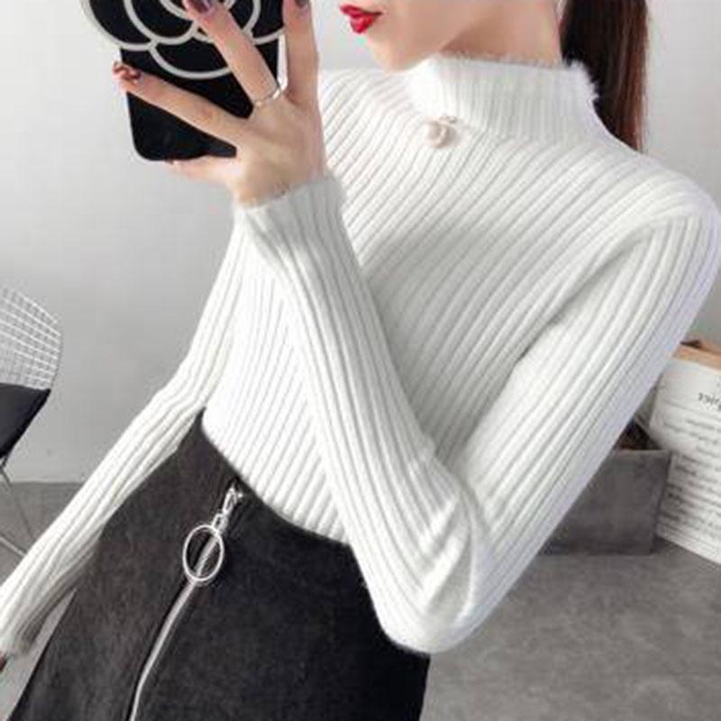 Pofulove Half Turtleneck Sweater Women Autumn Winter Fashion Slim Long-sleeved Bottoming Sweaters