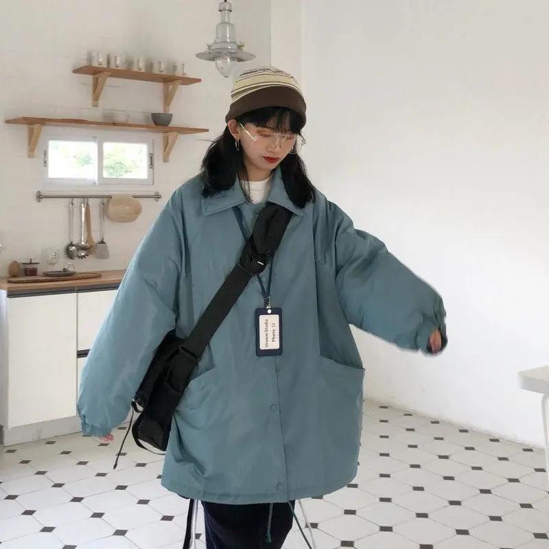 Workout Jacket Salt Coat Women's Retro Lazy BF Style Thickened Student Cotton Clothes Autumn and Winter Loose Casual Warm Coat
