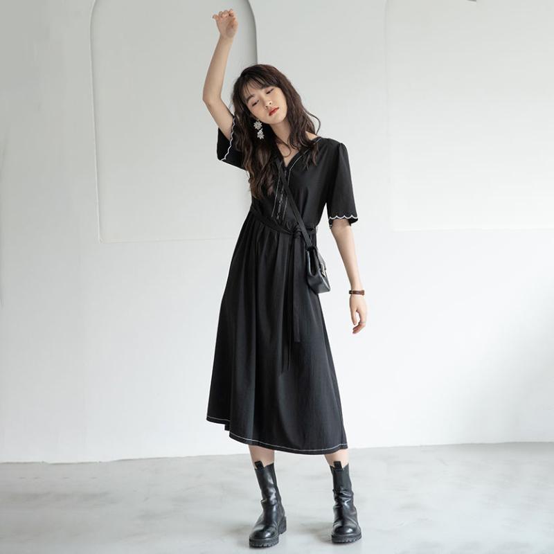 Deep V Neck Summer Dress Sundress Short Sleeve A-Line Ladies Midi Dress Fashion Casual Beach Ol Black Dress for Women