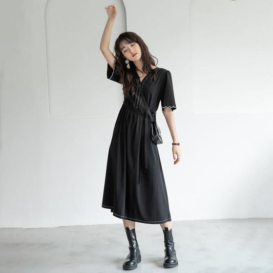 Deep V Neck Summer Dress Sundress Short Sleeve A-Line Ladies Midi Dress Fashion Casual Beach Ol Black Dress for Women