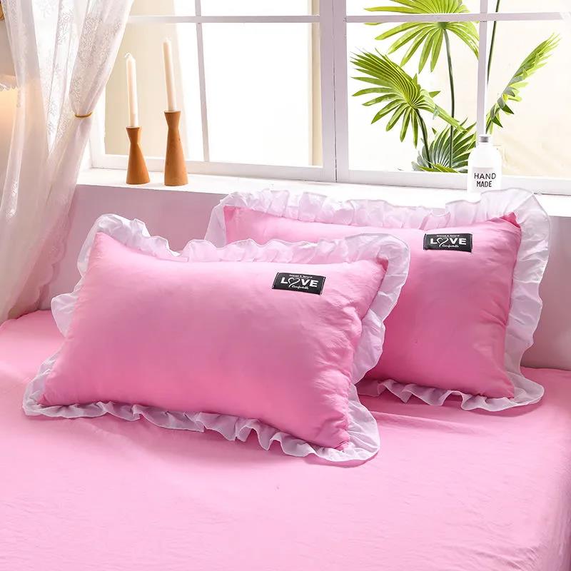 Korean Version of Solid Color Washed Cotton Pillowcase Stitching Lotus Leaf Lace Pillowcase 48*74cm A Pair of Large Pillowcases