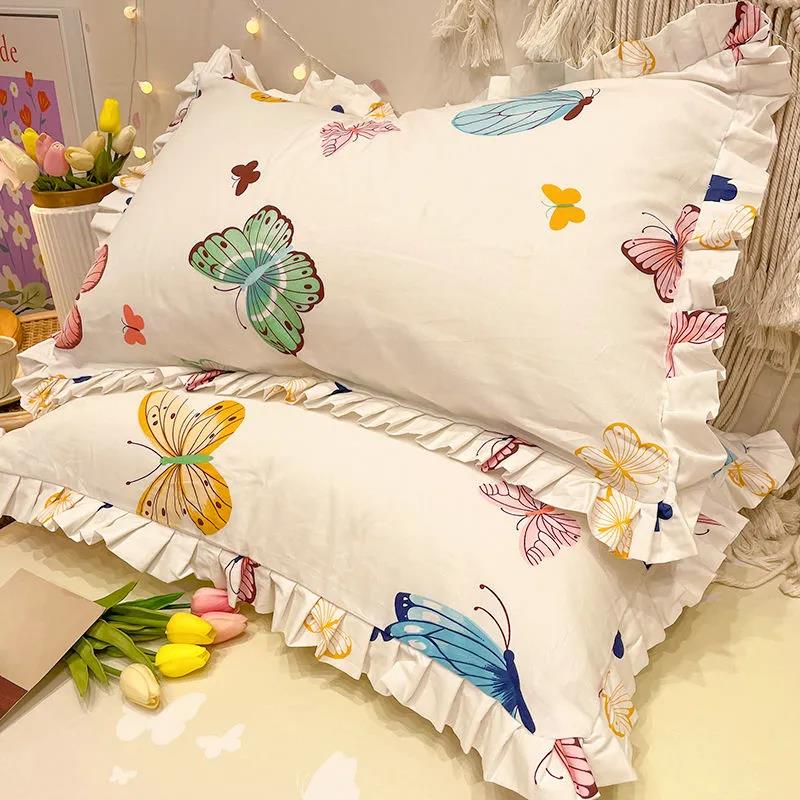 Princess Style Print Pillowcase Korean Style Fashion Lace Soft Pillow Core Cover A Pair of Cotton Pillowcases for Adults