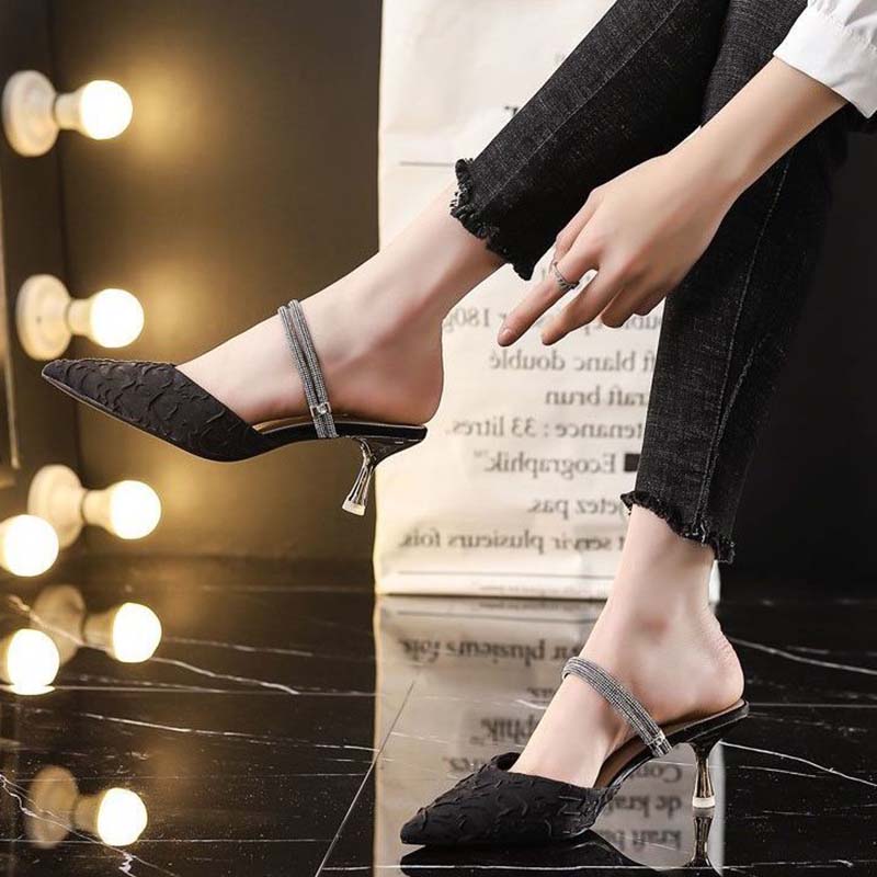 Women's Summer Rhinestone Sandals Stiletto Middle Heels All-match Non-slip Wear-resistant Pumps