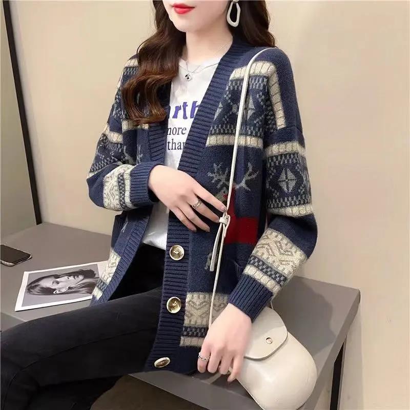 Sweater Coat Women's Spring Retro Ethnic Style Fawn Loose and Lazy Style Knitted Cardigan