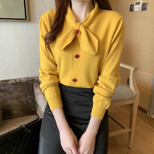 Autumn and Winter Thickening Slim Bow Sweater Women's Long Sleeves Were Thin Inside A Low Collar Knitted Bottoming Shirt Women